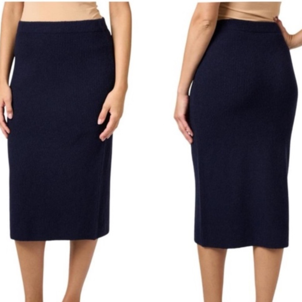 Vince Ribbed Wool Cashmere Blend Midnight Blue Midi Pencil Pull On Skirt Size M